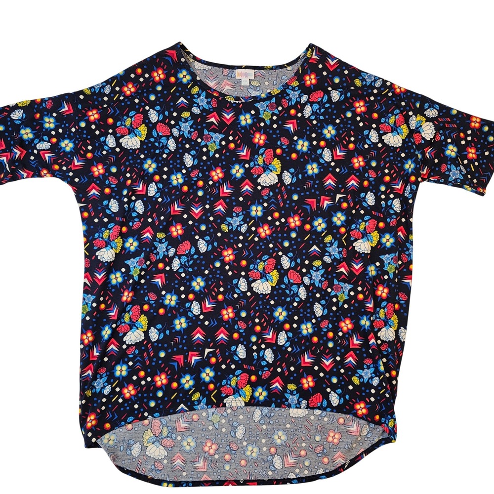 LuLaRoe Irma Tunic Top 2XL Navy Blue Geometric Floral High Low Short Sleeve